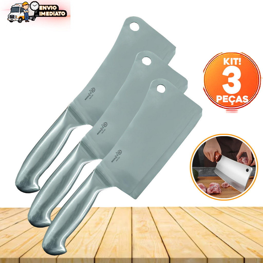 Kit 03 Faca Cutelo Em Inox Machadinho Profissional Escovado Linha Texas N°6 Carne Legumes
