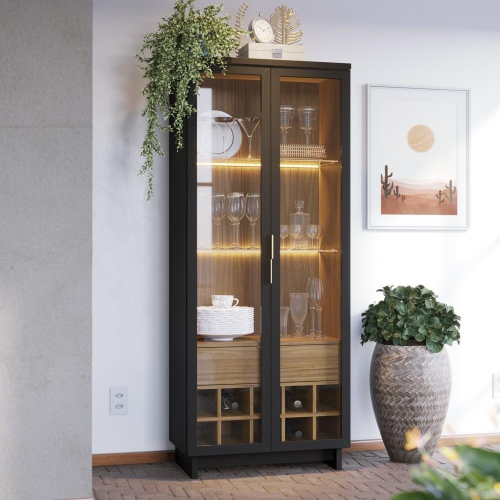 Cristaleira Adega 2 Portas 1 Gaveta Tijuca C05 Preto Fosco/Noce Milano - Mpozenato
