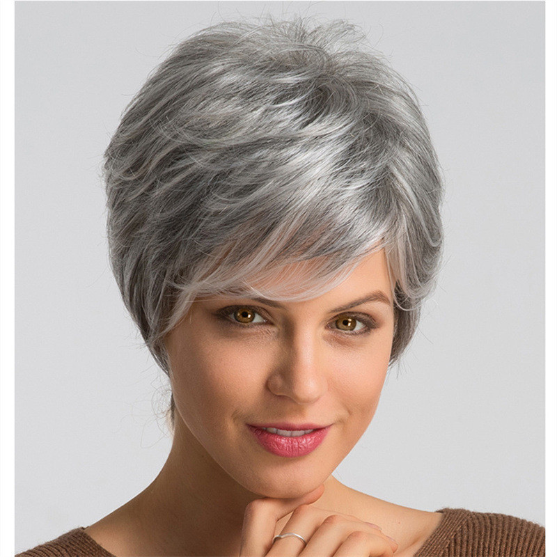 Peruca Granny Grey Moda Idade Média E Idosa Máquina De Cabelo Curto Cacheado Tecido