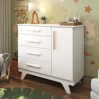 Cômoda Infantil 1 Porta 4 Gavetas em MDF Kakau Retrô  Branco Brilho em Oferta na Shopee