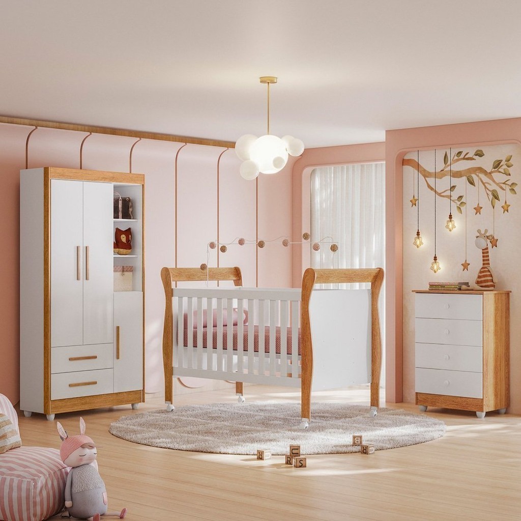 Quarto de Bebê Completo com Cômoda, Berço e Guarda Roupas Mia Branco/Amadeirado - Mom & Baby