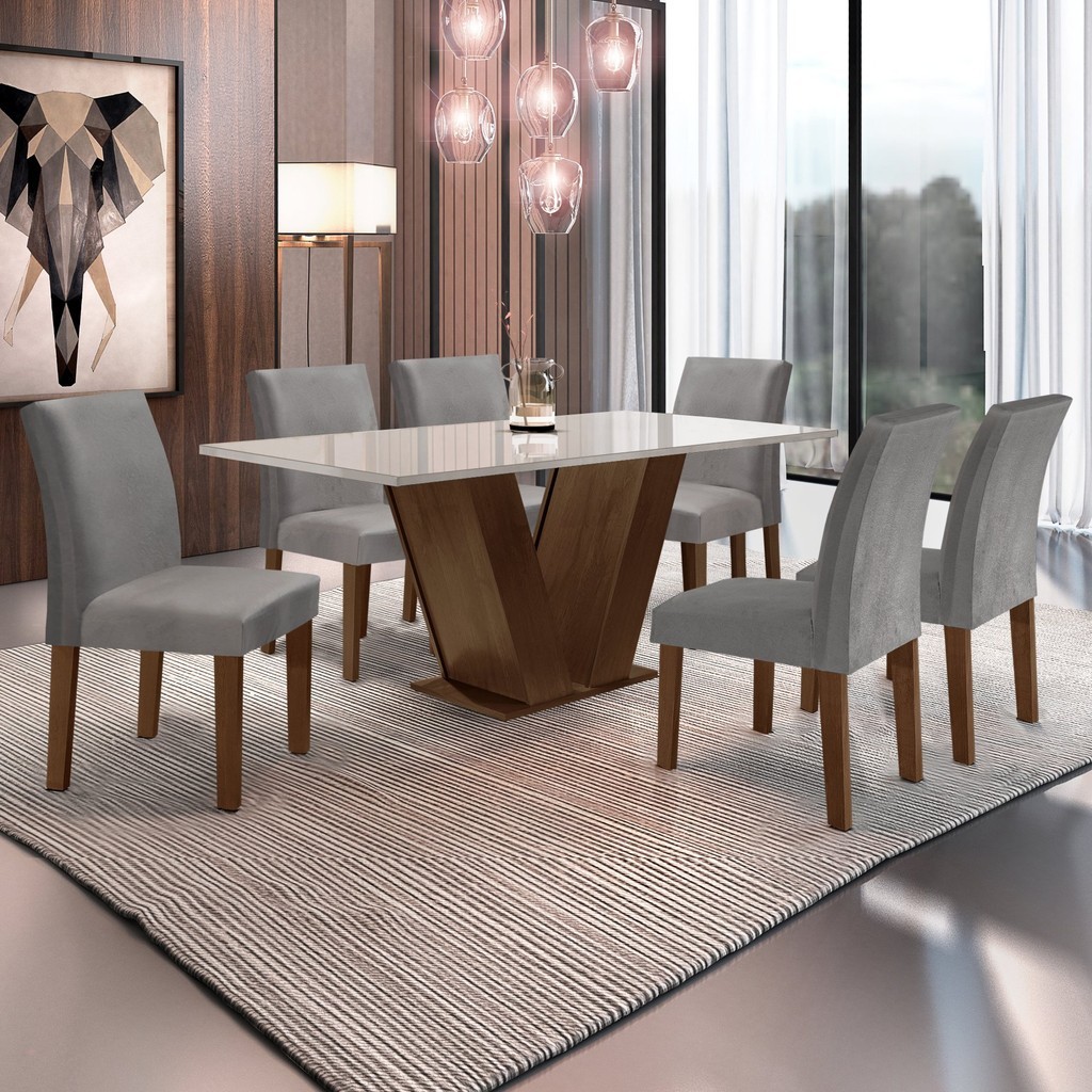 Conjunto Sala de Jantar Mesa 160x80cm Tampo MDF/Vidro com 6 Cadeiras Espanha Yescasa Chocolate/Veludo Cinza - Home & Living