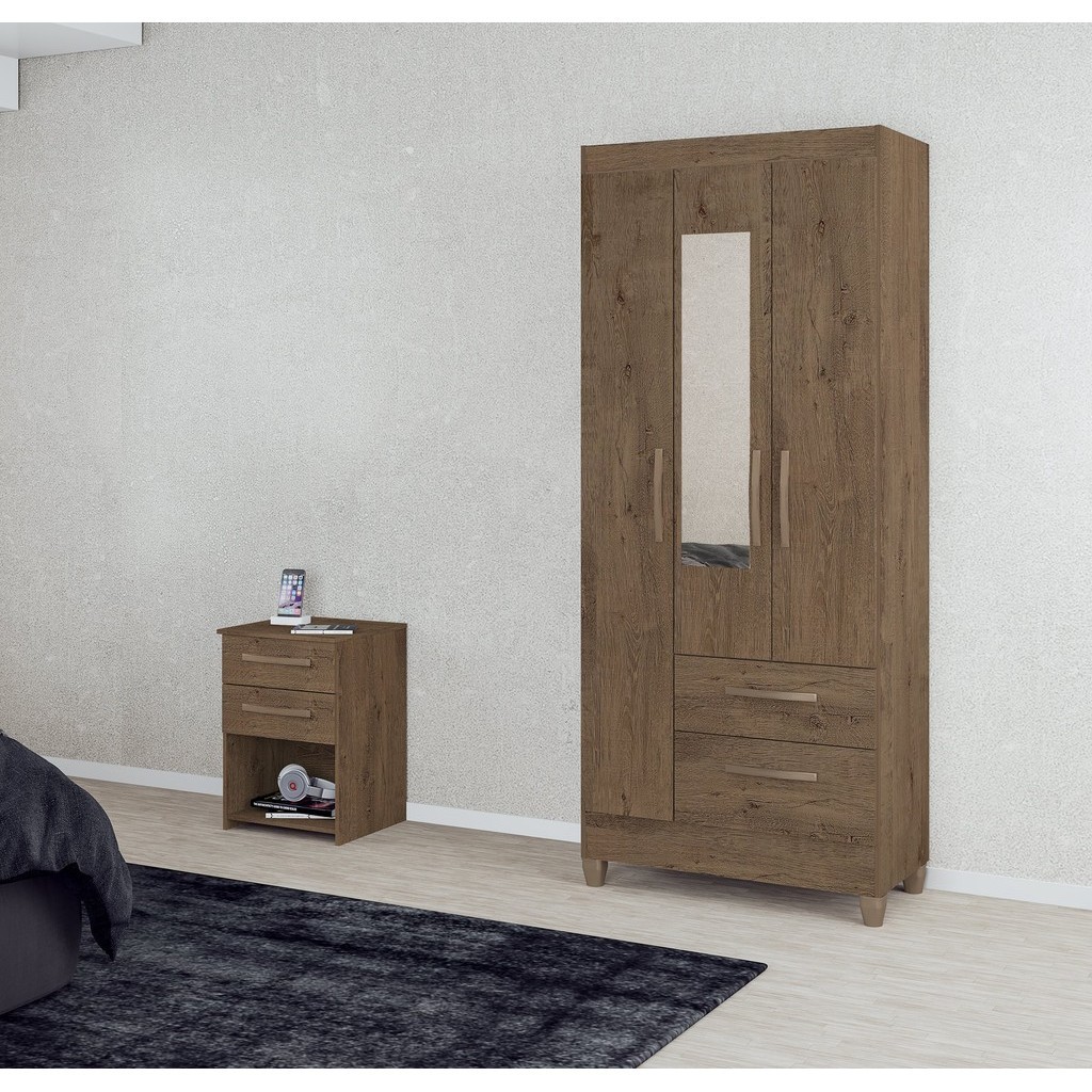 Guarda-Roupa Solteiro com Espelho 3 Portas 2 Gavetas Real Light  Mocaccino Rústico - Home & Living