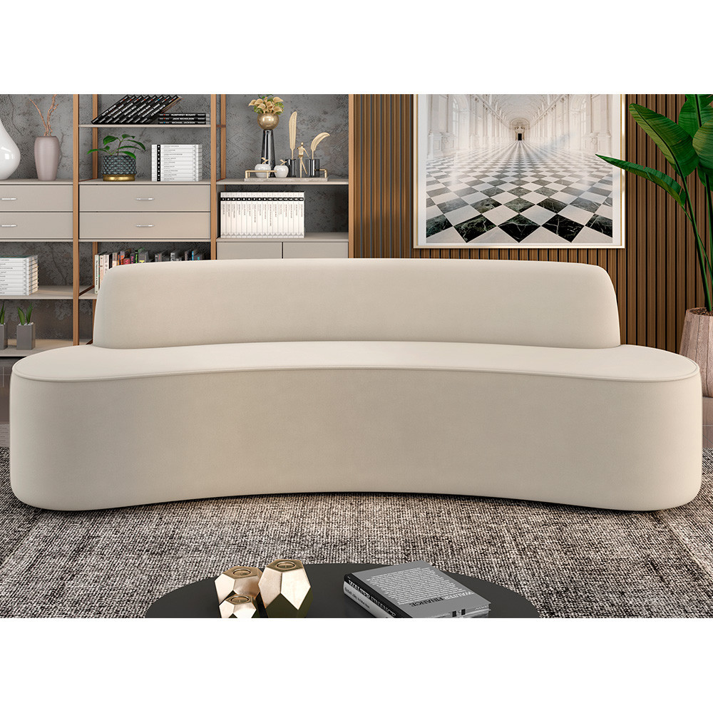 Sofá 3 Lugares Curvo Sala de Estar Living Cancún D02 Veludo Bege 180 cm C-309 - Lyam Decor