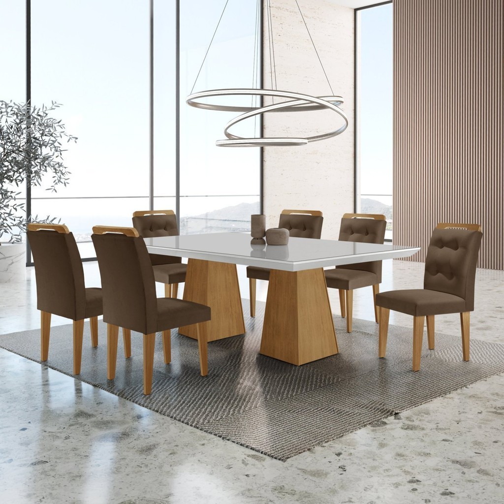 Mesa Inovare 180 Tp Mdf Vidro/canto Reto com 6 Cadeiras Valentina Marrom/Off White/Imbuia