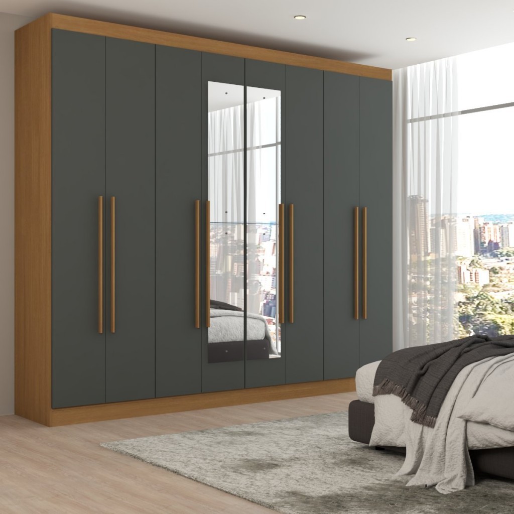 Guarda-Roupa Casal Ele e Ela 8 Portas 8 Prateleiras com Espelho Cinamomo/Chumbo - Panorama Móveis em Oferta na Shopee
