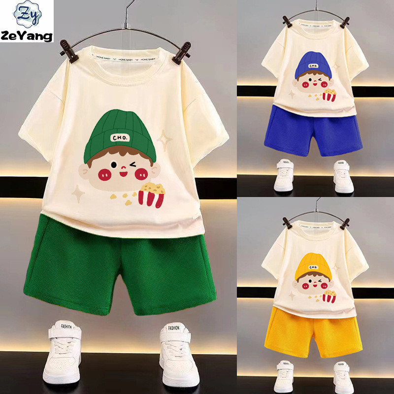 [ZY] 70-150cm Estoque Pronto para Crianças T-Shirt Casual de Manga Curta Waffle Fato de Ma...