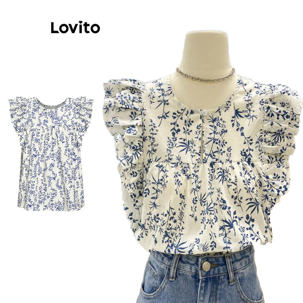 Lovito Casual Blusa Feminina Floral com Babado LNE11009 (Multicor)