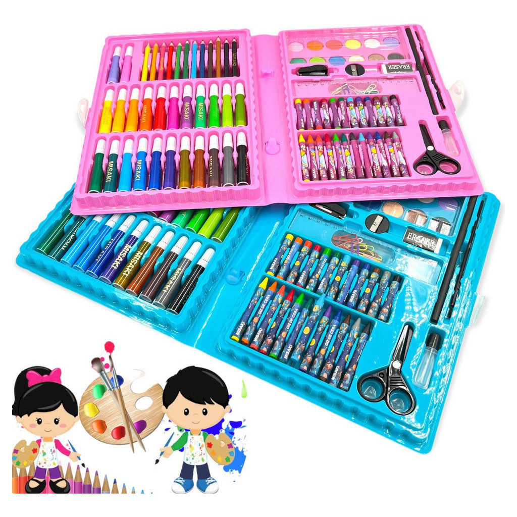 Estojo 150 Peças Maleta Pintura Infantil Lápis Cores Giz Canetinhas e Diversos Tamanhos Desenhos Para Colorir