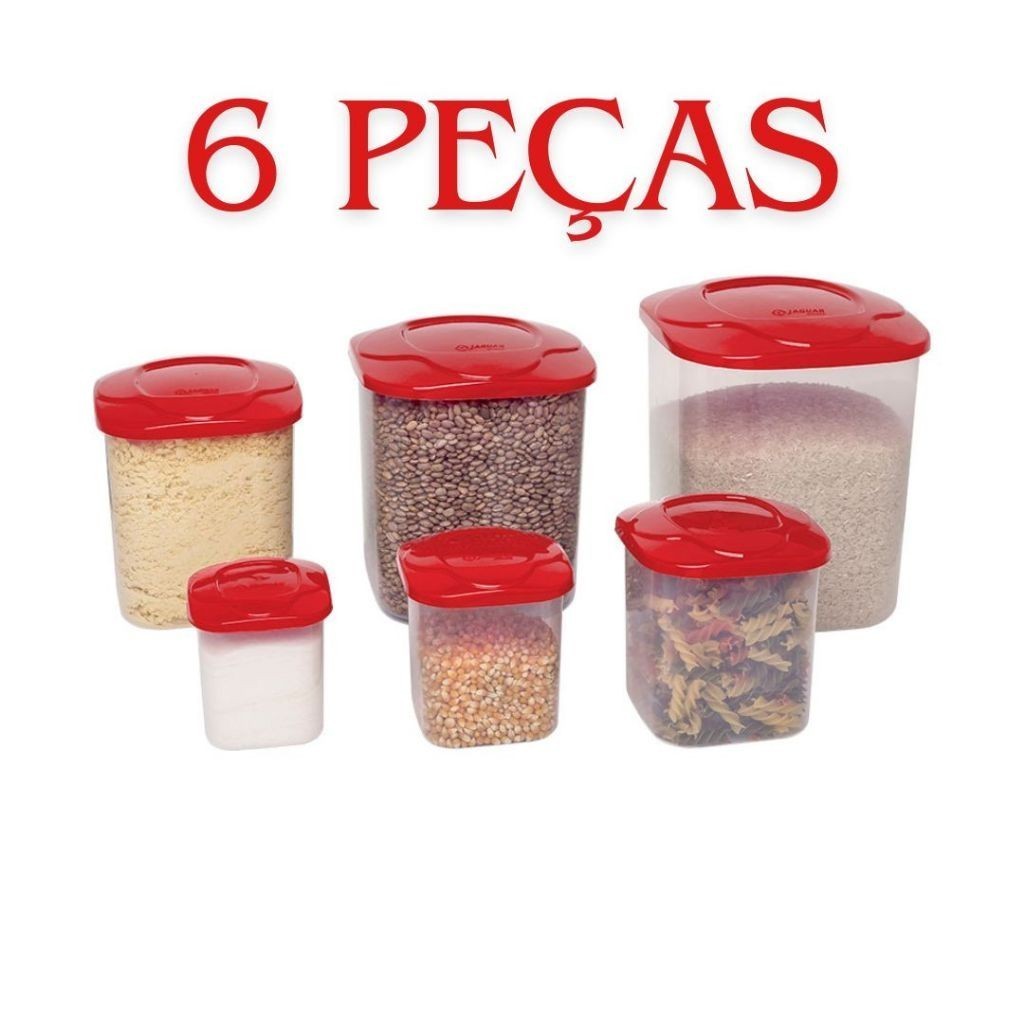Jogo Porta Mantimentos Redondo 6 Peças Quadrado Transparente - Conjunto Mantimentos Jaguar 6 pc - PANAMI