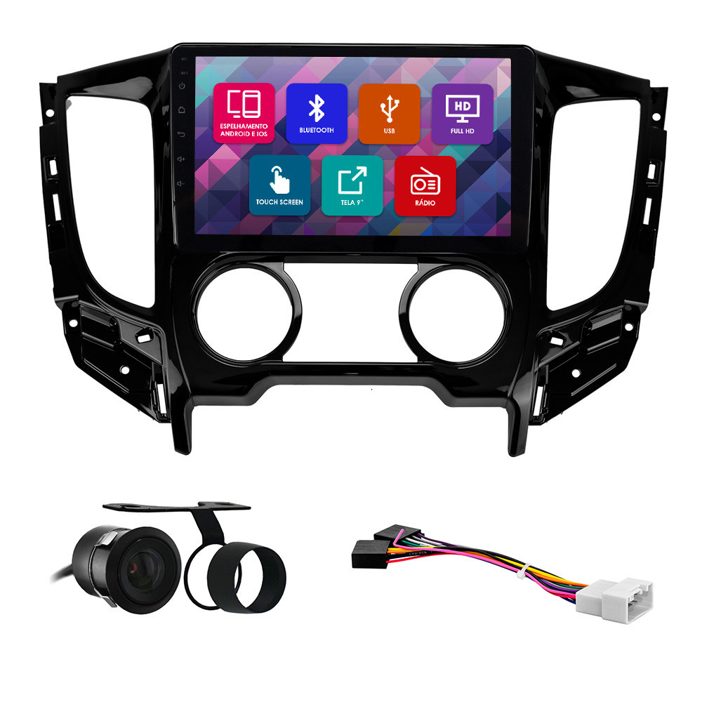 Kit Multimídia 9 Pol L200 Triton Ar Analógico 2016 2017 18 19 20 21 2022 2023 Espelhamento Android Ios 2 Din Black Piano