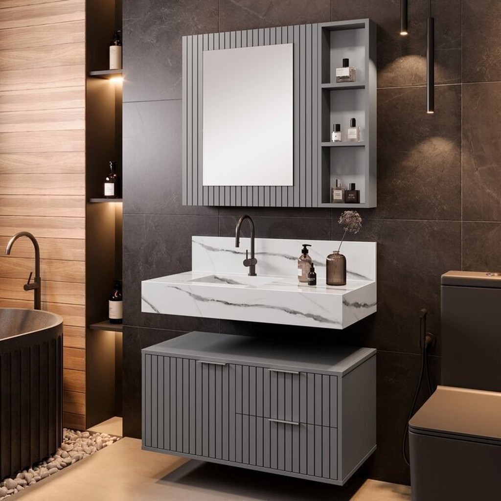 Conjunto para Banheiro Bancada em Porcelanato com Cuba Esculpida, Armário e Espelheira Ripy 80cm Cinza - Home & Living
