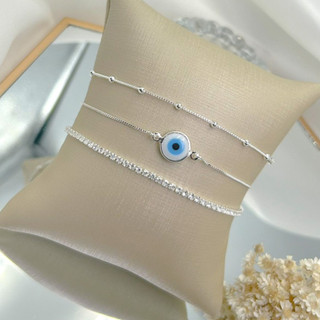 KIT 3 Pulseira prata 925 Feminina Olho Grego +Pulseira Riviera Cristal Zircônia + Pulseira Com bolinha  banhado a prata 925