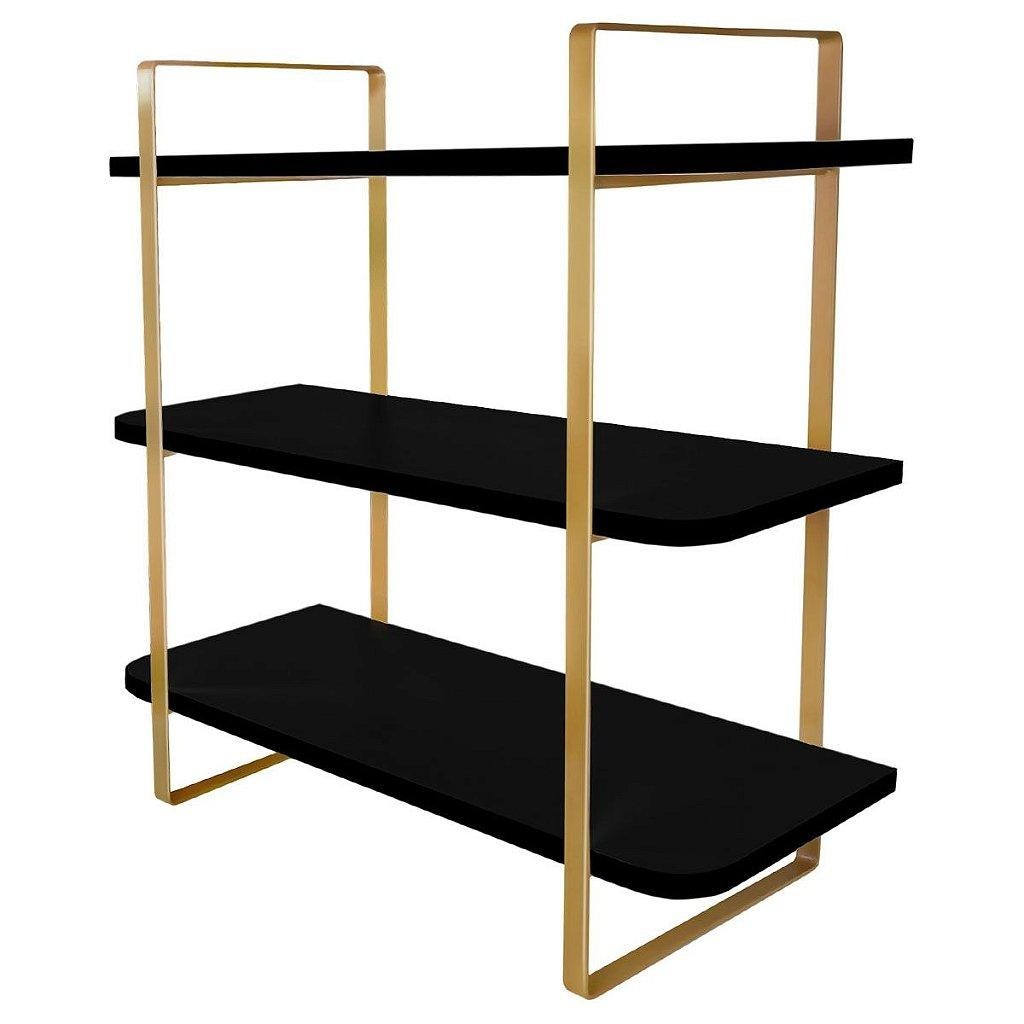 Prateleira Tripla Hone 60x25 cm Design Industrial Aço Carbono MDP P/ Sala Quarto Escritório Moderno