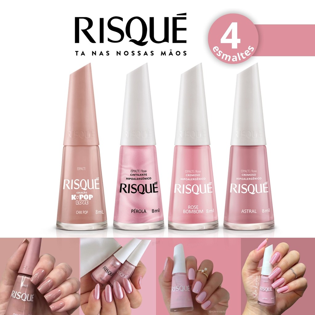 Kit 4 Esmalte Risqué Cremoso Tons Rosas Esmaltes Atacado