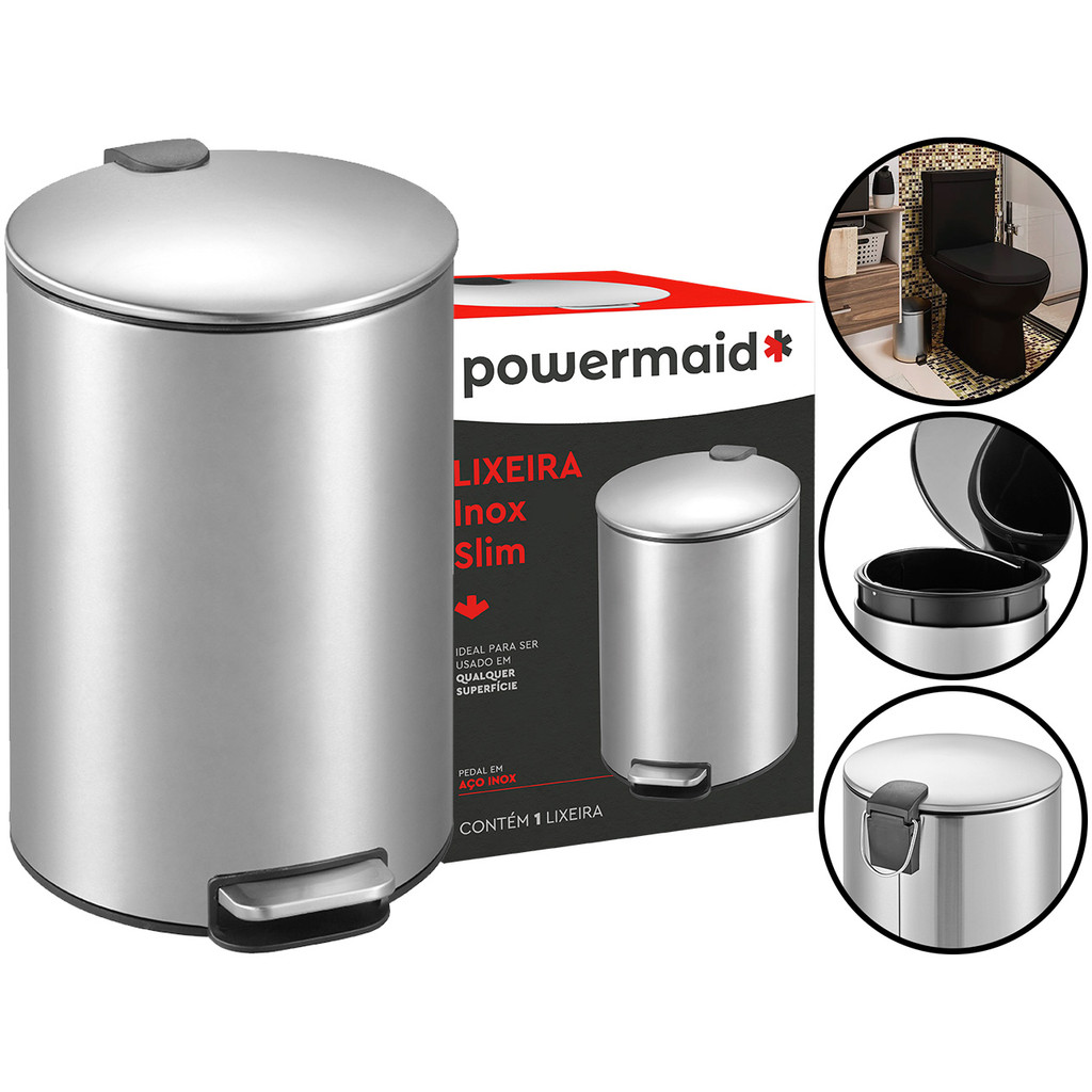 Lixo Lixeira De Inox Escovado Slim 12 Litros Com Pedal Grande Alça Cesto Removível Banheiro Escritório Powermaid - Home & Living