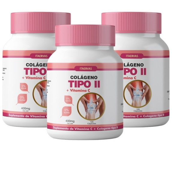 3 Potes Colágeno Tipo 2 UC-II + Vitamina C 400mg Itaervas 120 Cápsulas