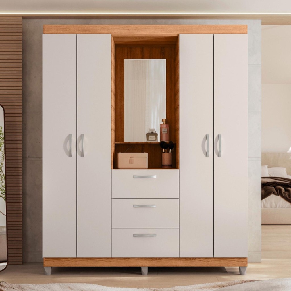 Guarda Roupa Casal 4 Portas 3 Gavetas Capelinha com Espelho Clapton em Oferta na Shopee