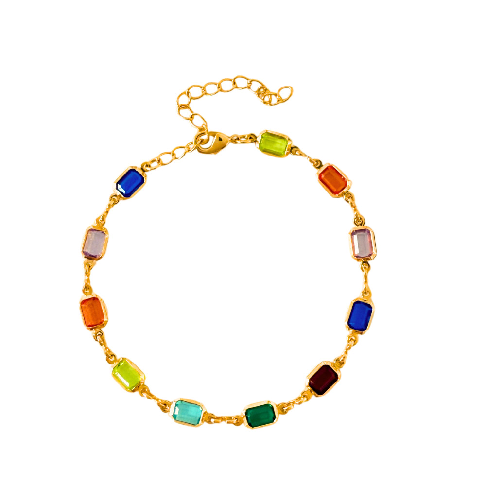 Pulseira Feminina Banhada a Ouro 18k com Cristais Retangulares Coloridos - Semijoia Ciela