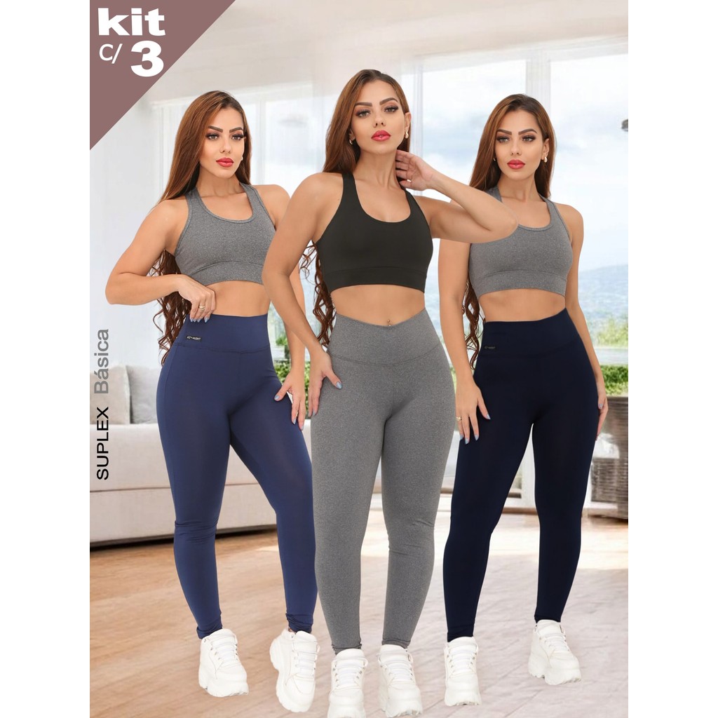 KIT C/3 Peças CALÇA LEGGING BÁSICA Feminina Academia Fitness Treino Dia Dia Corrida Ginastica Yoga Calca Esporte