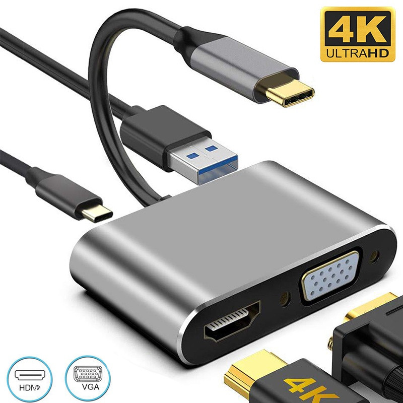 USB C 3.1 Tipo Para VGA HDMI 3.0 Hub Adaptador 4 Em 1 PD 87W Carregamento Rápido Thunderbolt 3 Macbok Air Pro O Telefone