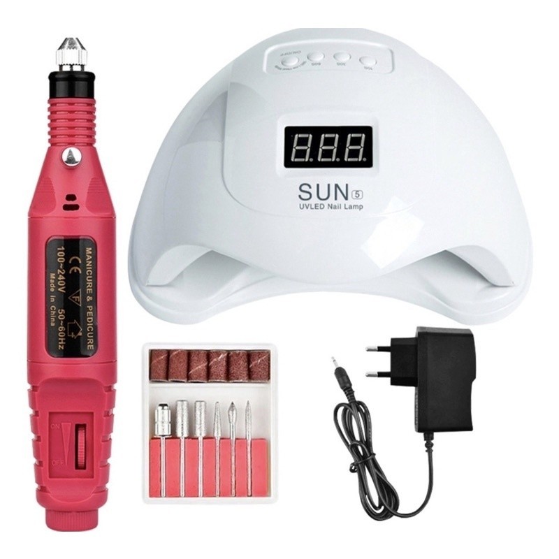 Kit Alongamento Cabine Sun 5 Led Uv + Lixadeira Caneta Unhas Gel Acrigel