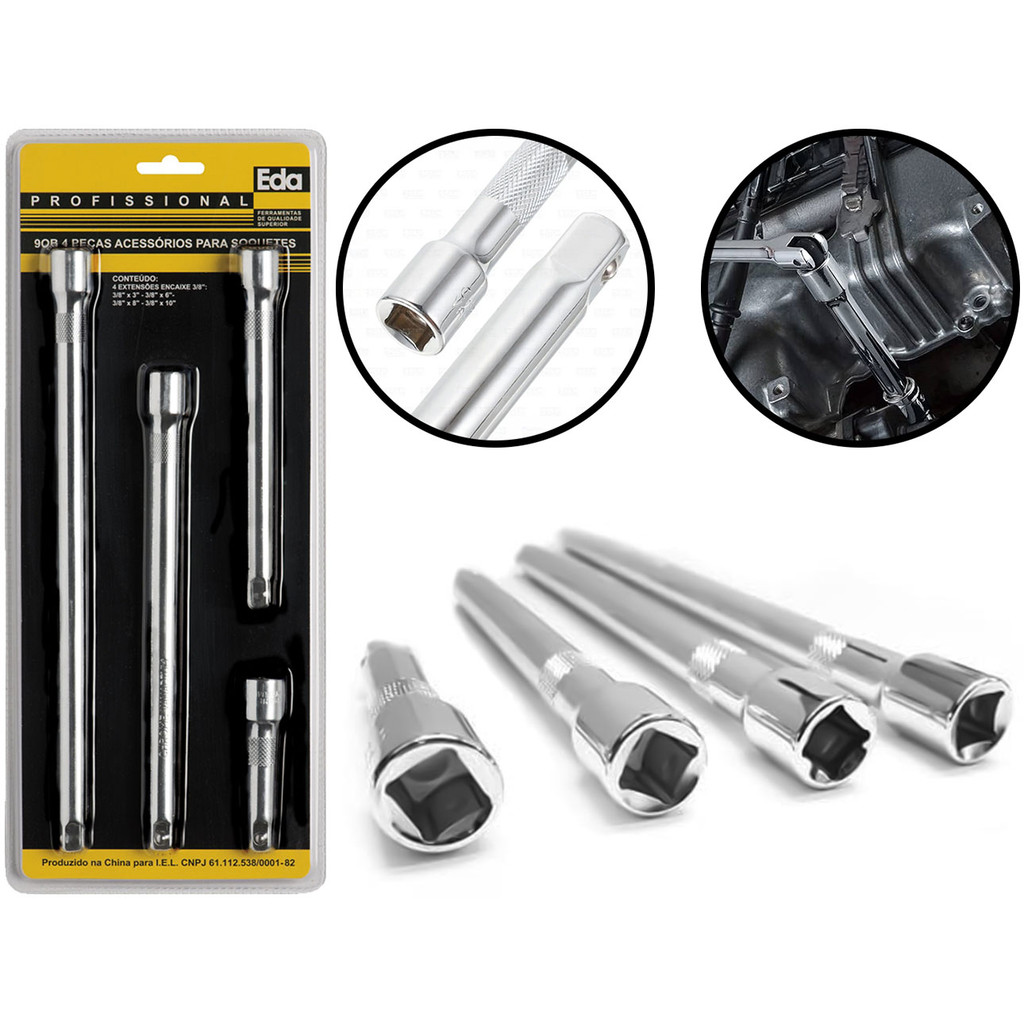 Jogo De Extensão Manual Para Soquetes 4 Peças Aço Acabamento Cromado 3/8 Polegadas Eda em Oferta na Shopee