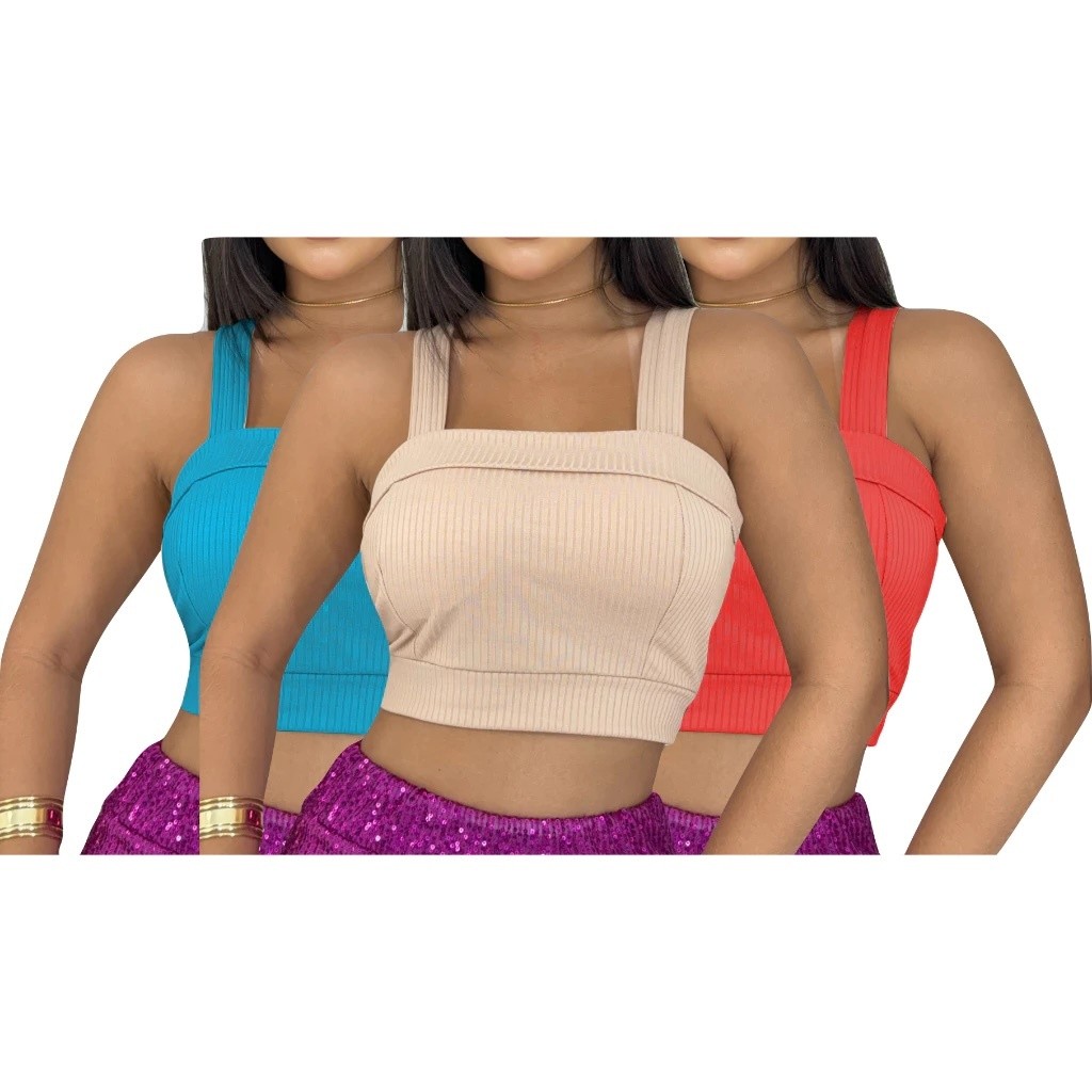 Cropped Alça Blusa Básica Com Bojo Canelado de Alcinha - Cores Variadas Verão 2026