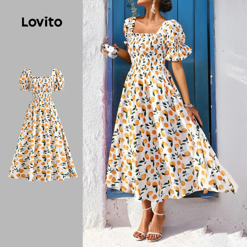 Lovito Vestido Boho Fruit Smocked com babados e mangas bufantes para mulheres  LBL22557 - Women Clothes