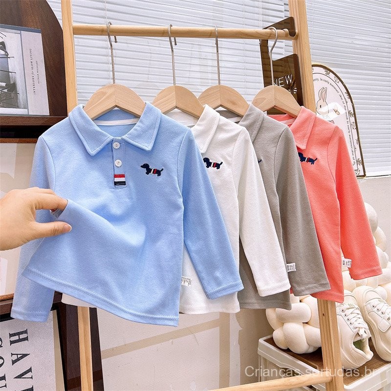 Camiseta de manga longa para crianças, algodão puro, verão, nova chegada, camisa POLO para meninos