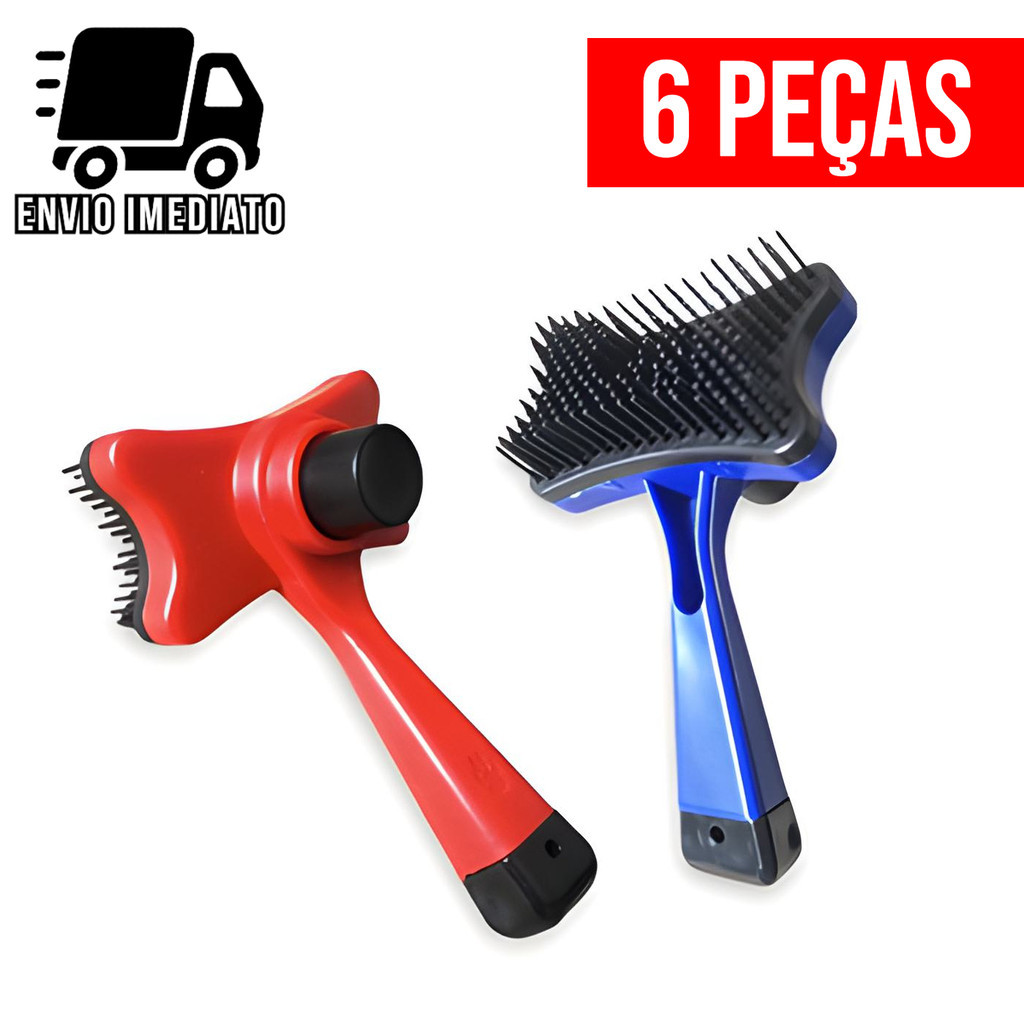 Kit 6 Escova Rasqueadeira Para Pets Tira Pelos Gatos Cachorros com Botão Removedor Autolimpante