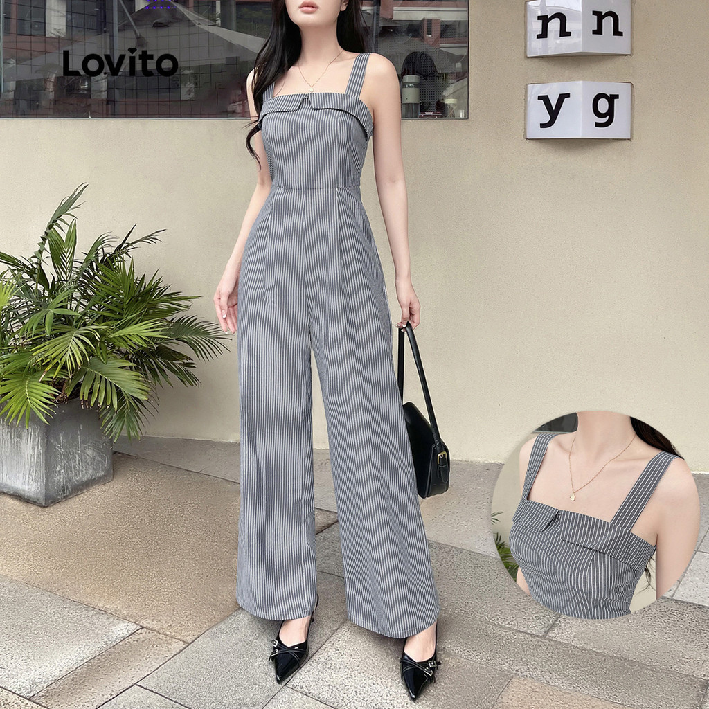 Lovito Macacão Casual listrado com gola contrastante drapeado para mulheres L125AD187 - Women Clothes