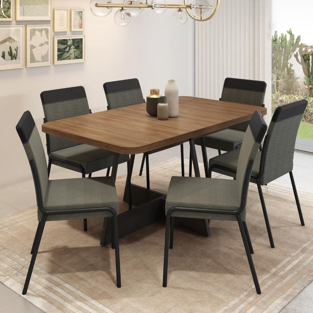 Conjunto Sala de Jantar Paris 6 Cadeiras Carraro Grafite/Preto/Nogal em Oferta na Shopee