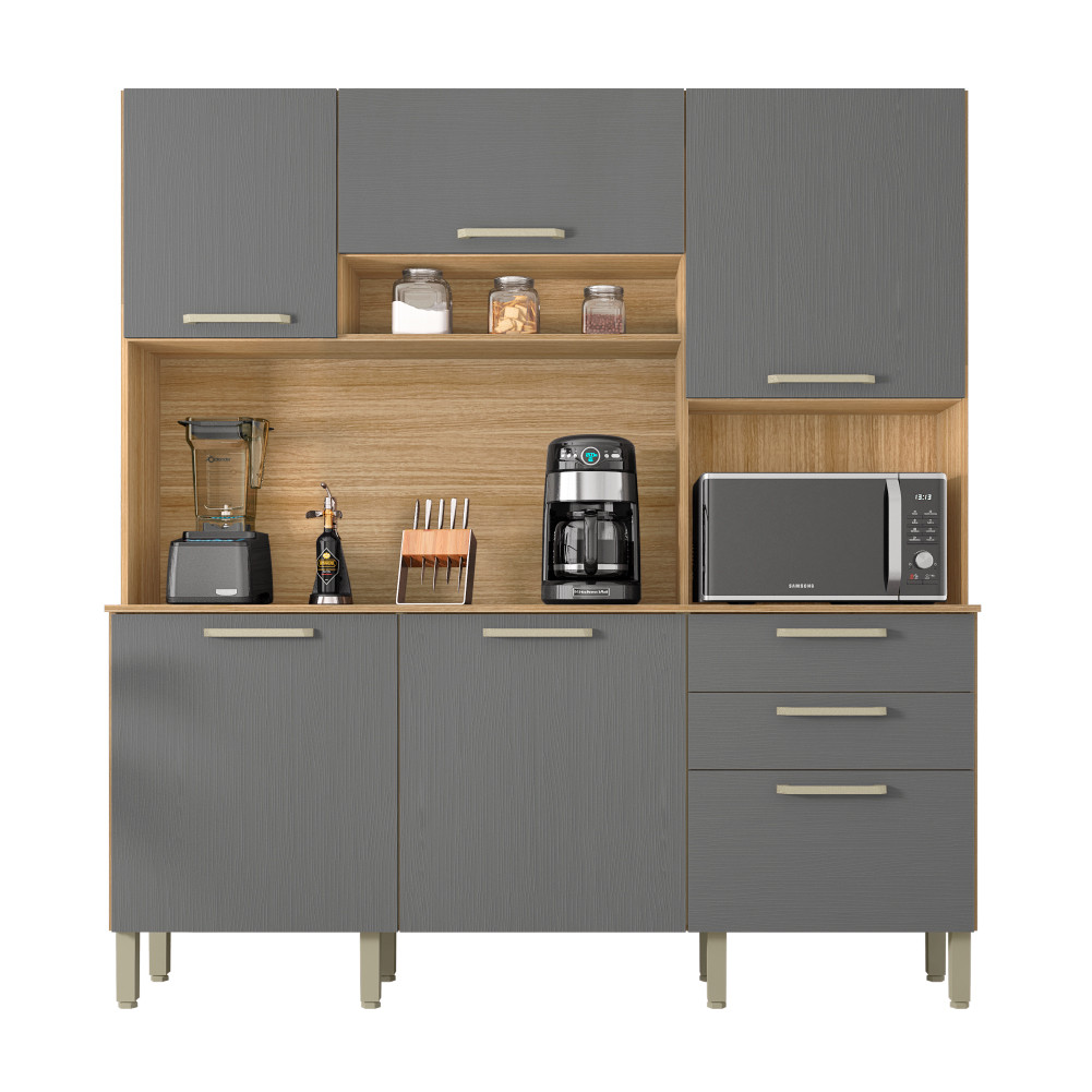 Armário de Cozinha Completa Ferrara 6 Portas 1 Gaveta Freijó / Grafite em Oferta na Shopee