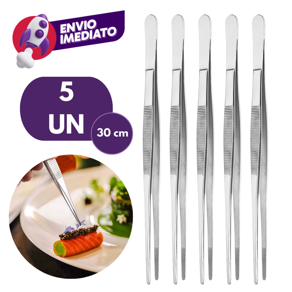 Pinça Culinária Precisão Profissional Gastronomia C/Serrilha 30cm Inox Bar Restaurante C/2, 3 Ou 5Un