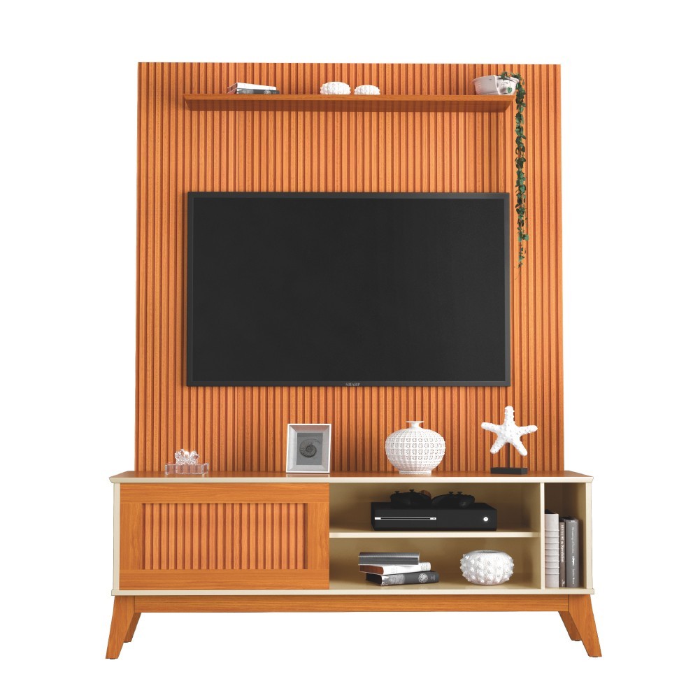 Rack Bancada Aruba Com Painel Para TV Até 55 Polegadas 1,35m Egeo Cedro/Off White Ripado Impressão 3D EDN em Oferta na Shopee