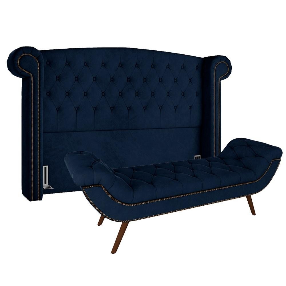 Cabeceira Cama Box Queen 160cm Provença e Calçadeira Vêneto P02 Veludo Azul Marinho - Mpozenato
