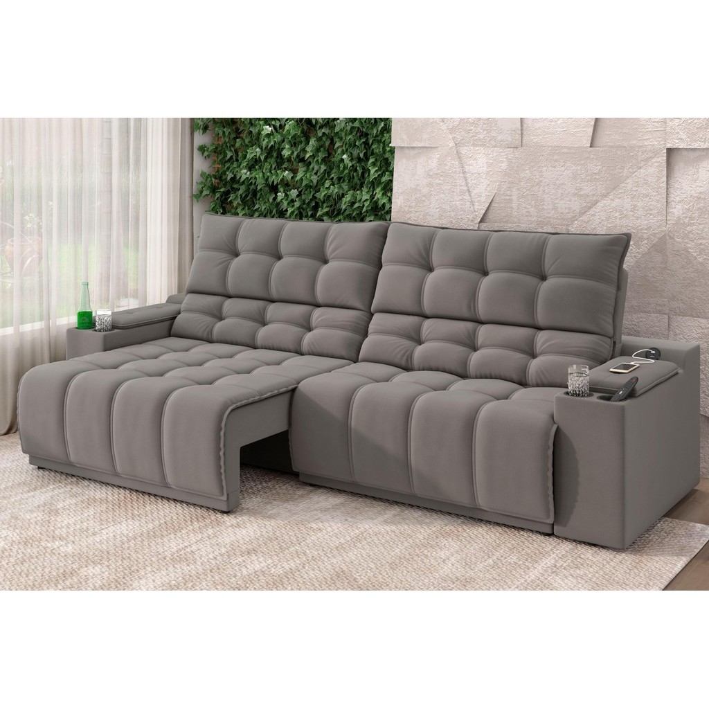Sofá Connect Premium 2,30m Assento Retrátil/Reclinável com porta copos e entrada USB Suede...