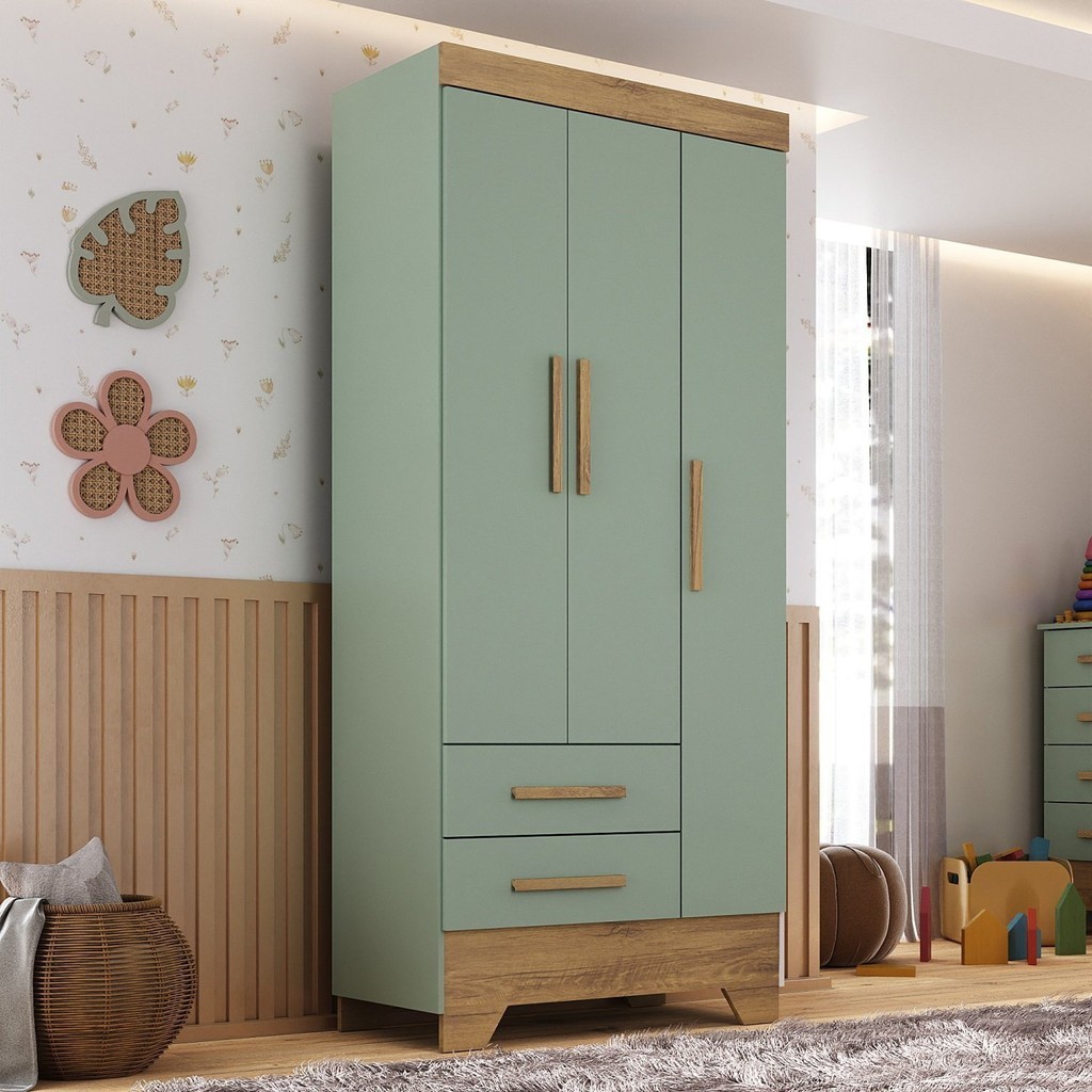 Guarda Roupa Infantil 3 Portas e 2 Gavetas Tic Tac Verde/Natural - Home & Living