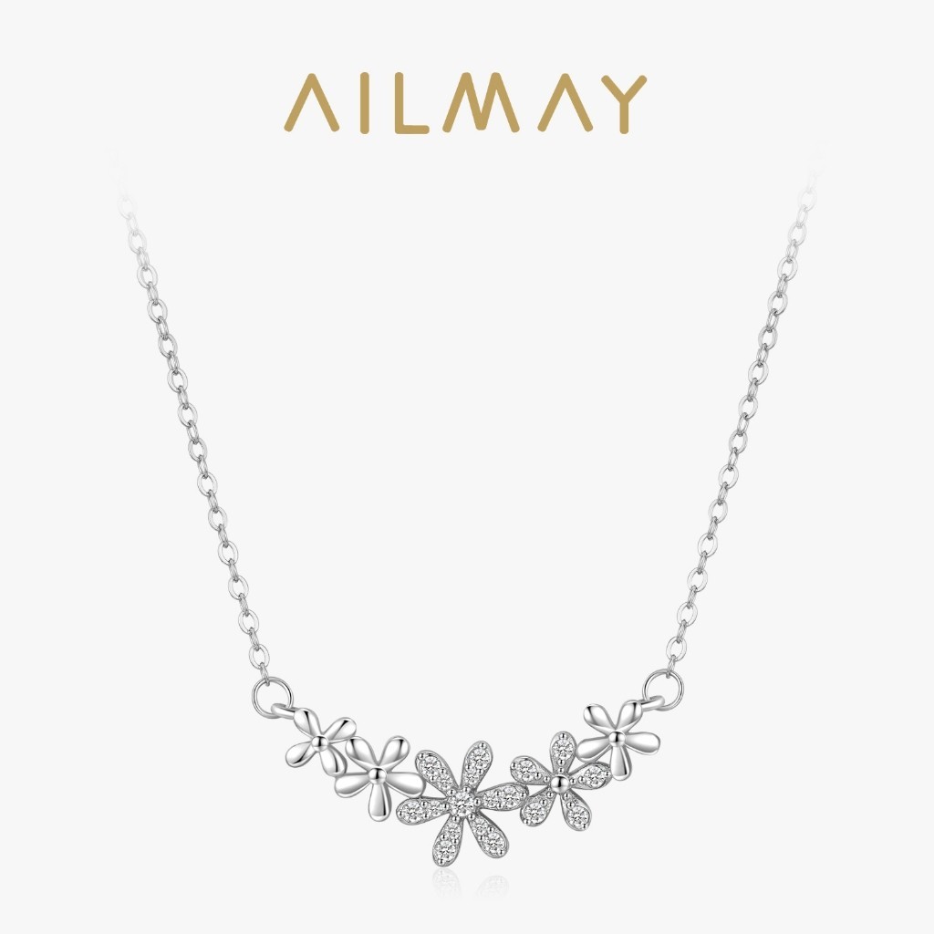 Ailmay Elegant 925Sterling Silver beautiful Daisy Smiling flower Pendant Necklaces Clear Zircon Para Mulheres Prata Jóias Populares