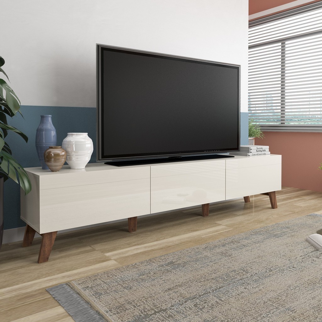 Rack para TV até 70 Polegadas 220cm 3 Gavetas Retrô Manchester Yescasa Off White/Pinho - Home & Living