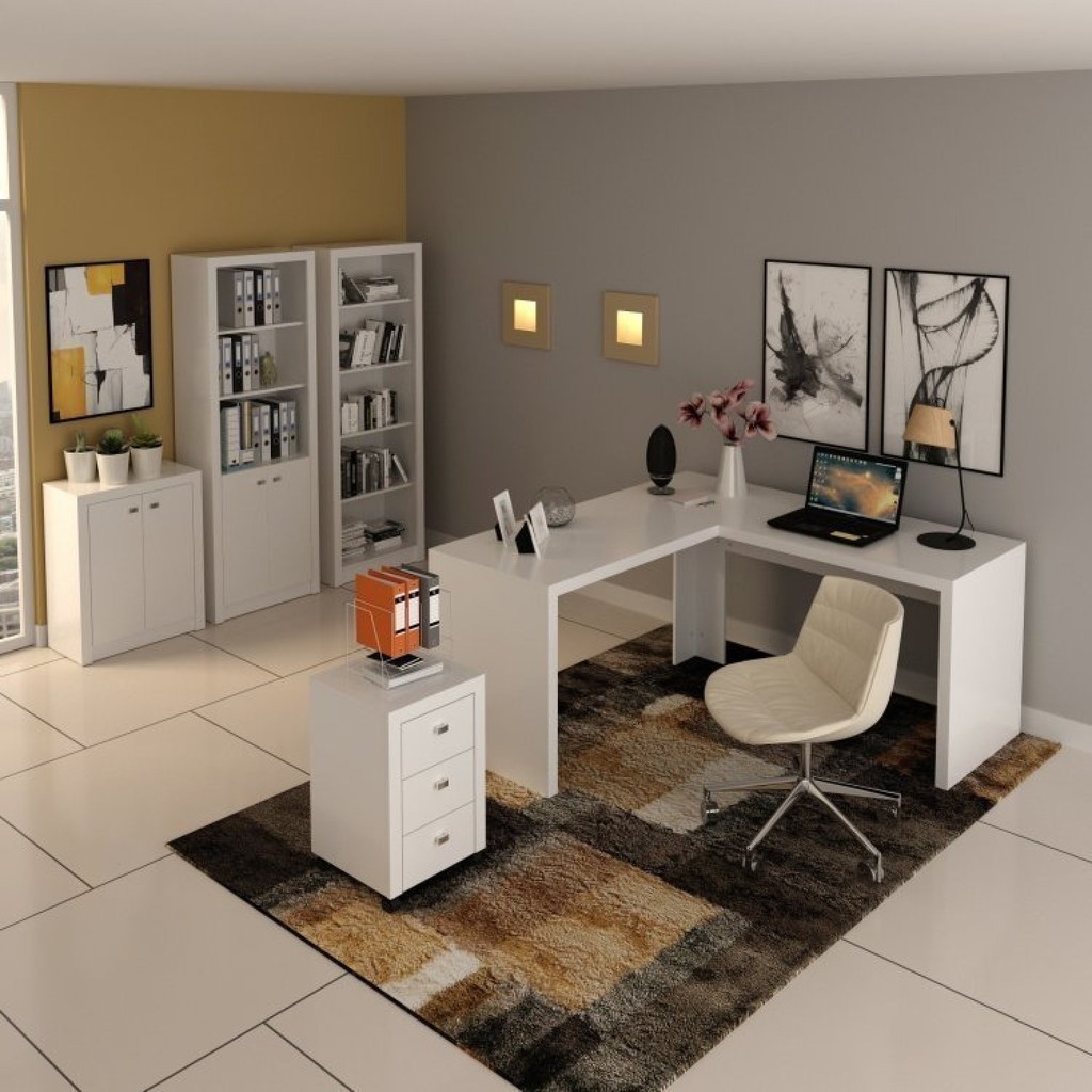 Kit 5 Peças com Mesa em L, Armário Alto, Gaveteiro, Estante e Armário Baixo Espresso Móveis