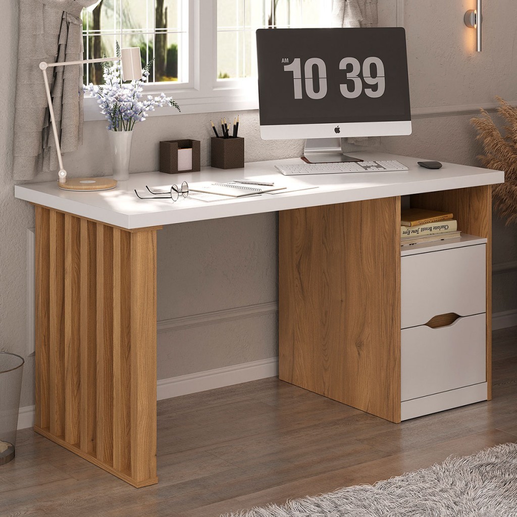 Mesa Escrivaninha Florence 2 Gavetas Branco/Olmo - Artany Móveis em Oferta na Shopee