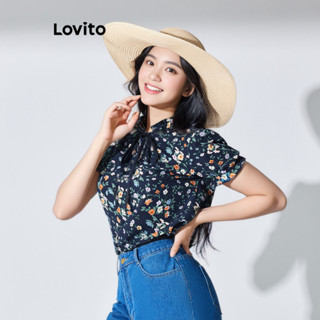 Lovito Casual Blusa Feminina Estampa Ditsy Floral com Amarra e Babado LBL07128