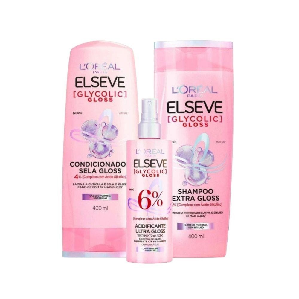 Kit Elseve L’Oréal Paris Glycolic Shampoo 400ml + Condicionador 400ml + Acidificante (3 produtos)