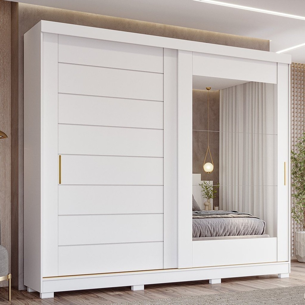Guarda-Roupa Casal 264cm 2 Portas de Correr com Espelho e Pés 100% MDF Siena Espresso Móveis Branco em Oferta na Shopee