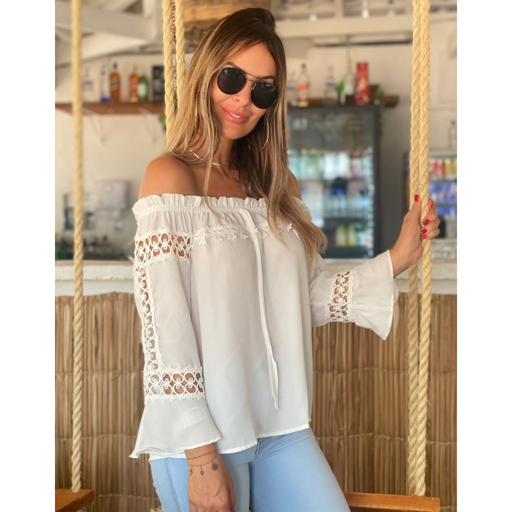 Blusinha Feminino Ciganinha Detalhes Renda Guipir Manga Longa Ombro a Ombro ref 2748