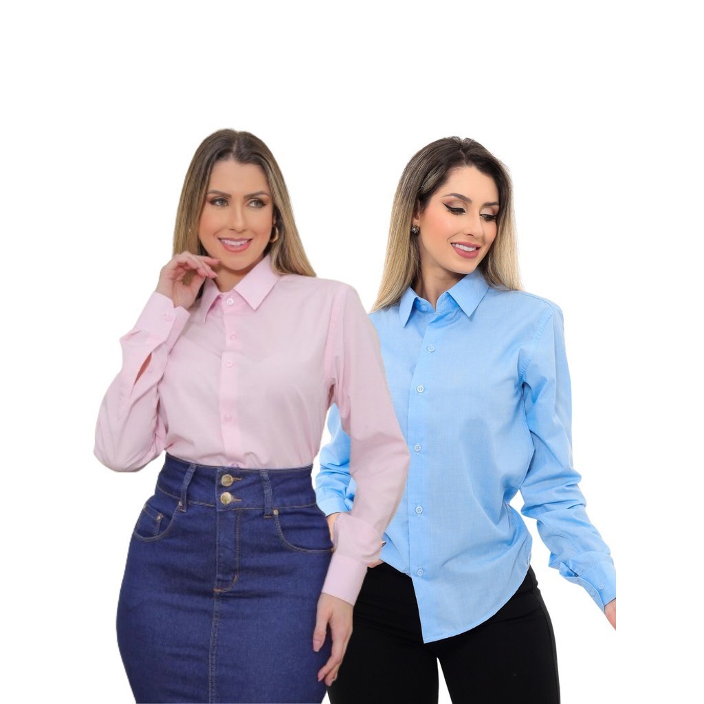KIT Feminino 2 Peças - Camisa Social Premium Tipo Linho Azul Claro e Camisa Social Slim Rosa