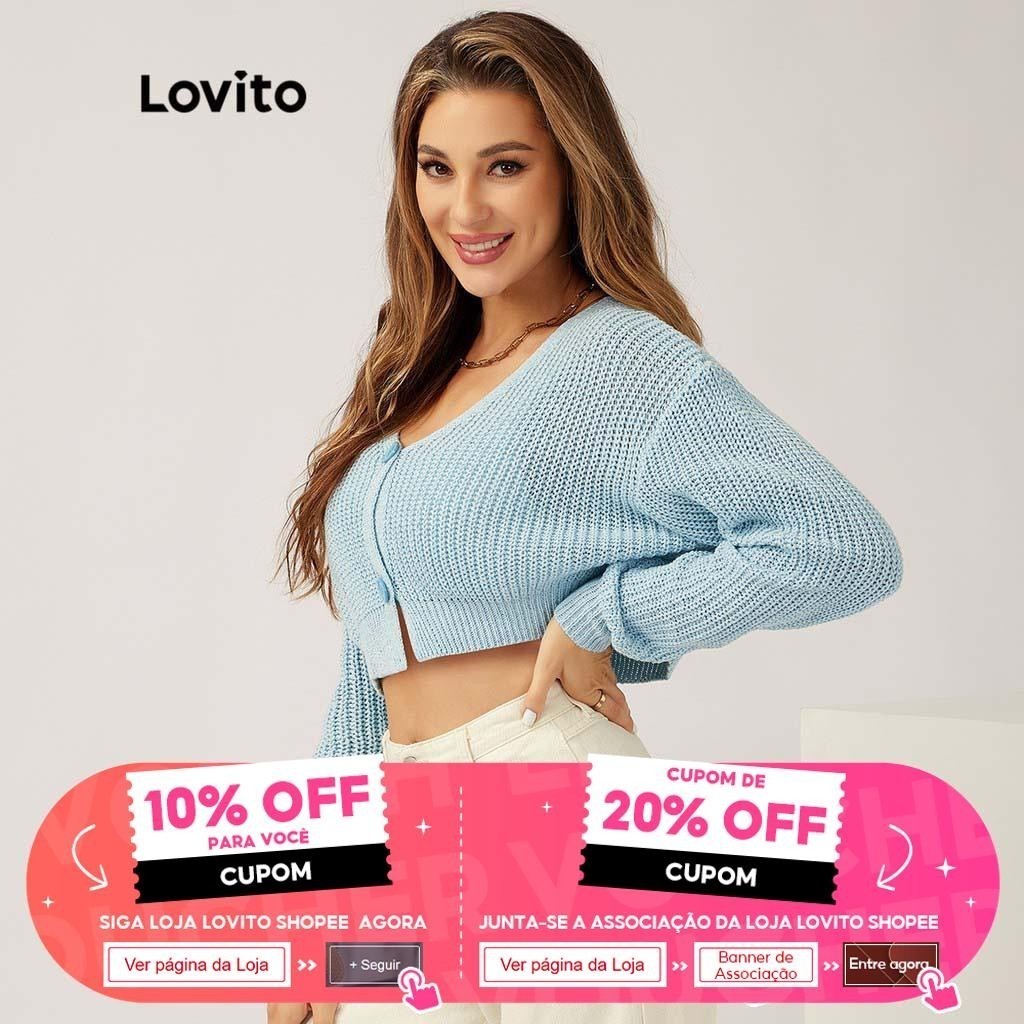(Trendy) Lovito Cardigans Casuais V Comprida Botão Suéter Cardigã Para Mulheres L21LT110 (Azul Claro) - Women Clothes