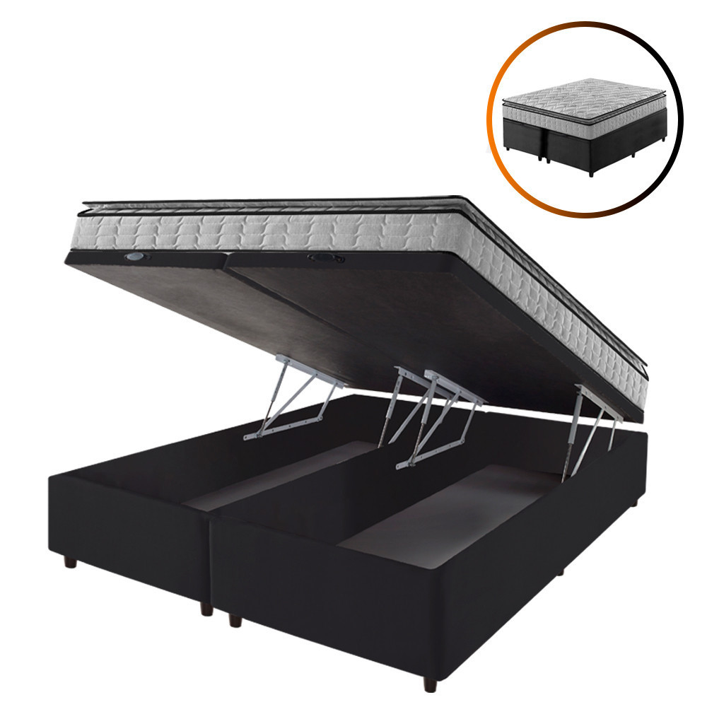 Cama Box Baú King Preto + Colchão Ortopedico Espuma D33 Pillow Top Hanover One 193x203x64cm - Home & Living